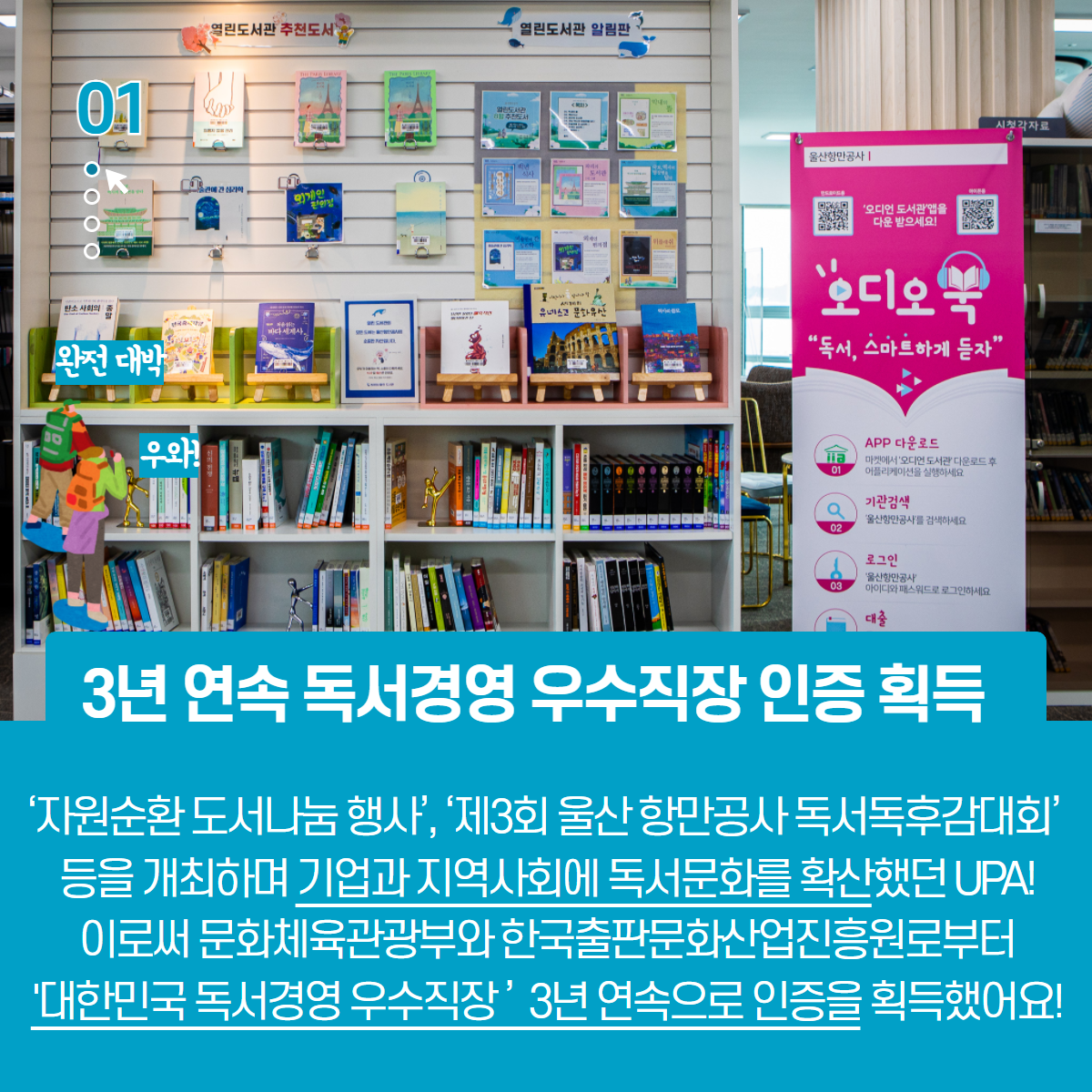 3년 연속 독서경영 우수직장 인증 획득 '자원순환 도서나눔 행사', '제3회 울산항만공사독서독후감대회' 등을 개최하며 기업과 지역사회에 독서문화를 확산했던 UPA! 이로써 문화체육관광부와 한국줄판문화산업진흥원로부터 '대한민국 독서경영 우수직장' 3년 연속으로 인증을 획득했어요!