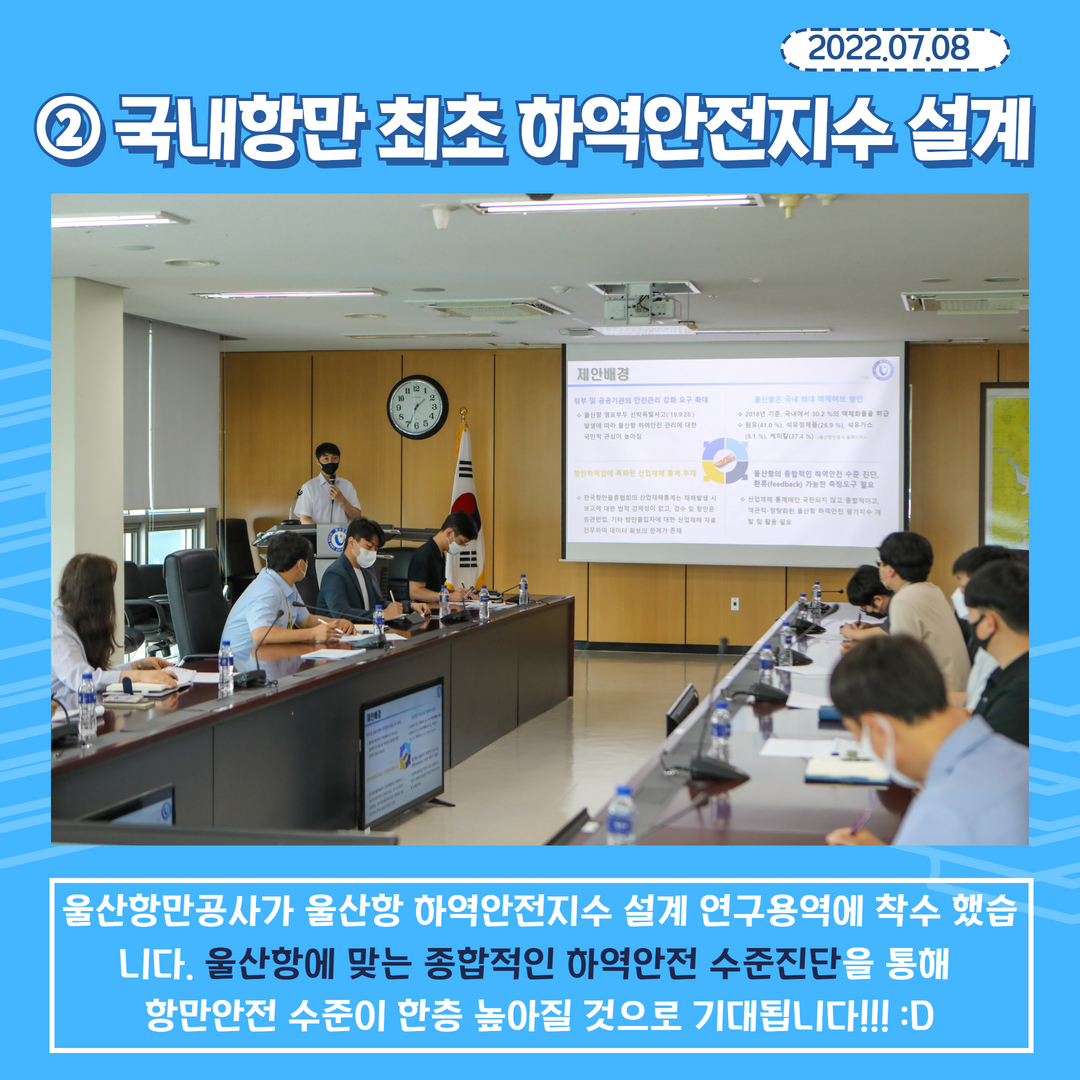 2022.07.08. 2.국내항만 최초 하역안전지수 설계-울산항만공사가 울산항 하역안전지수 설계 연구용역에 착수 했습니다. 울산항에 맞는 종합적인 하역안전 수준진단을 통해 항만안전 수준이 한층 높아질 것으로 기대됩니다.!!