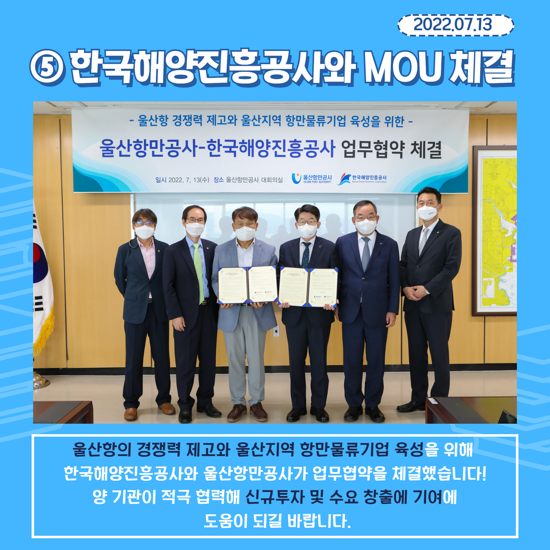 2022.07.13. 5. 한국해양진흥공사와  MOU 체결 - 울산항의 경쟁력 제고와 울산지역 항만물류기업 육성을 위해 한국해양진흥공사와 울산항만공사가 업무협약을 체결했습니다! 양 기관이 적극 협력해 신규투자 및 수요 창출에 기여에 도움이 되길 바랍니다.