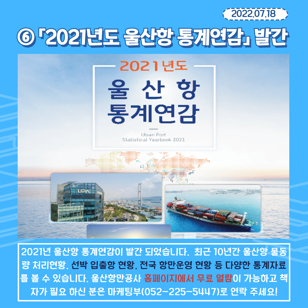 2022.07.18. 6. 2021년도 울산항 통계연감 발간 - 2021년 울산항 통계연감이 발간 되었습니다. 최근 10년간 울산항 물동량 처리현황. 선박 입출항 현황. 전국 항만운영 현황 등 다양한 통계자료를 볼 수 있습니다. 울산항만공사 홈페이지에서 무료 열람이 가능하고 책자가 필요하신 분은 마케팅부(052-225-5447)로 연락 주세요!