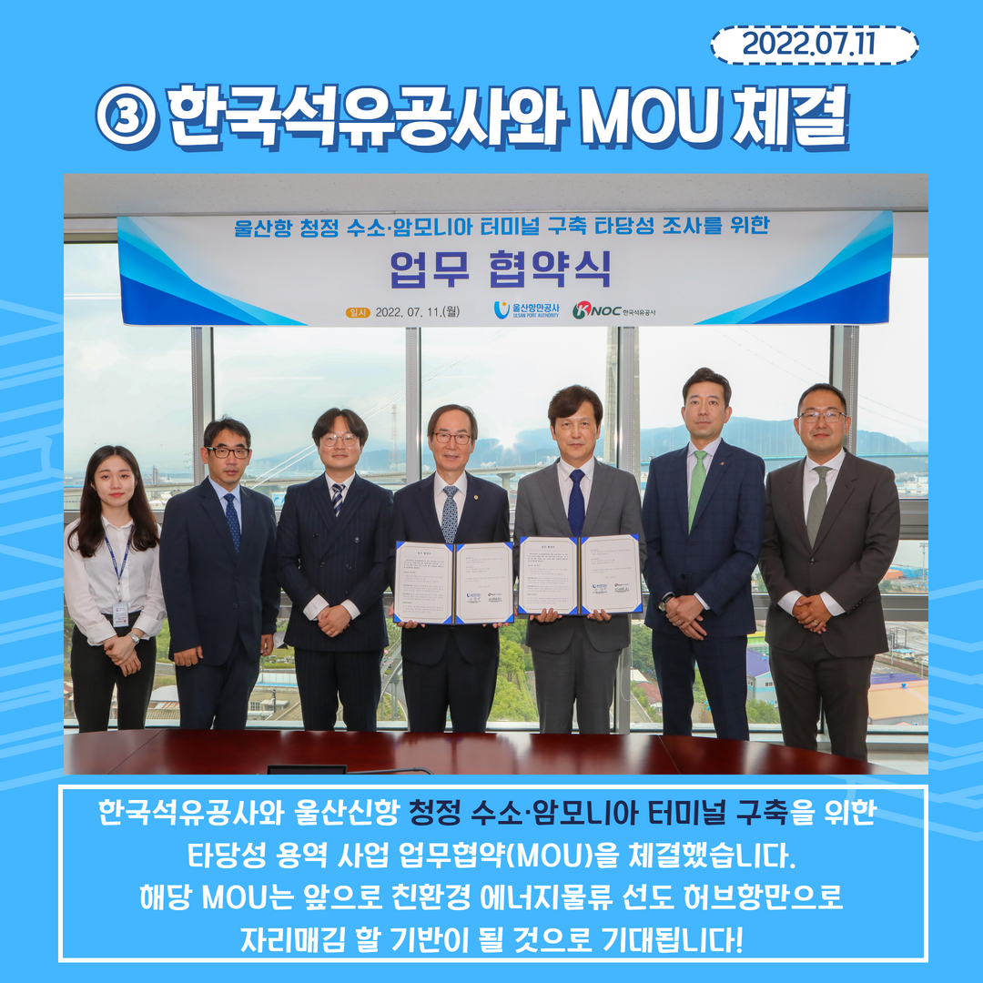 2022.07.11. 3. 한국석유공사와   MOU 체결-한국석유공사와 울산신항 청정 수소·암모니아 터미널 구축을 위한 타장성 용역 사업 업무협약(MOU)을 체결했습니다.  해당 MOU는 앞으로 친환경 에너지물류 선도 허브항만으로 자리매김 할 기반이 될 것으로 기대됩니다!