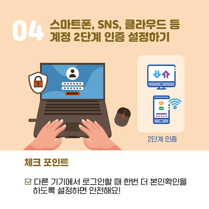 04 스마트폰, SNS, 클라우드 등 계정 2단계 인증 설정하기 체크 포인트 다른 기기에서 로그인할 때 한번 더 본인확인을 하도록 설정하면 안전해요!