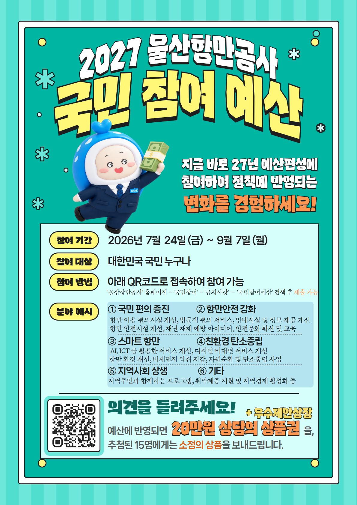 2027 울산항만공사 국민참여 예산 |  지금 바로 27년 예산편성에 참여하여 정책에 반영되는 변화를 경험하세요! |  참여 기간 : 2026년 7월 24일 (금) ~ 9월 7일(월) | 참여 대상 : 대한민국 국민 누구나 | 참여 방법 : 아래 QR코드로 접속하여 참여 가능('울산항만공사' 홈페이지 - '국민참여' - '공지사항' - '국민참여예산' 검색 후 제출 가능) |  분야 예시 : 1.국민편의 증진, 2.항만안전 강화 항만 이용 편의시설 개선, 방문객 편의 서비스, 안내시설 및 정보 제공 개선, 항만 안전시설 개선, 재난 재해 예방 아이디어, 안전문화 확산 및 교육 | 3.스마트 항만, 4친환경 탄소중립 AI, ICT를 활용한 서비스 개선, 디지털 비대면 서비스 개선, 항만 환경 개선, 미세먼지 악취 저감, 자원순환 및 탄소중립 사업 | 5 지역사회 상생, 6 기타 지역주민과 함께하는 프로그램, 취약계층 지원 및 지역경제 활성화 등 | 의견을 들려주세요! 예산에 반영되면 20만원 상당의 상품권(우수제안상장)을 추첨된 15명에게는 소정의 상품을 보내드립니다. QR 코드(http://m.site.naver.com/2cHUX)