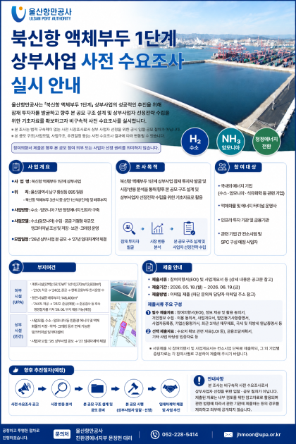 울산항만공사 ULSAN PORT AUTHORITY 	북신항 액체부두 1단계 상부사업 사전 수요조사 실시 안내 	울산항만공사는 북신항 액체부두 1단계 상부사업의 성공적인 추진을 위해 잠재 투자자를 발굴하고 향후 본 공모 구조 설계 및 상부사업자 선정전략 수립을 위한 기초자료를 확보하고자 비구속적 사전 수요조사를 실시합니다. 	※ 본 조사는 법적 구속력이 없는 사전 시장조사로서 상부 사업자 선정을 위한 공식 입찰&middot;공모 절차가 아닙니다. 	※ 본 공모 구조(사업모델, 사업구조, 추진일정 등)는 사전 수요조사 결과에 따라 변동될 수 있습니다. 	참여의향서 제출은 본 공모 참여 의무 또는 사업자 선정 권리를 의미하지 않습니다.  	H2 수소 | NH3 암모니아 | 청정에너지 전환 	 	사업개요 | 사업명: 북신항 액체부두 1단계 상부사업 / 위치: 울산광역시 남구 황성동 895 일원, 북신항 액체부두 3선석 중 상단 1선석(1단계) 및 배후부지 / 사업방향: 수소&middot;암모니아 기반 청정에너지 인프라 구축, 사업모델: 수소(암모니아) 수입&middot;공급 거점형 대규모  탱크터미널 조성 및 저장&middot;보관&middot;크래킹 운영 / 모집일정: '26년 상부사업 본 공모 &rarr; '27년 임대차 계약 체결  	조사목적 | 북신항 액체부두 1단계 상부사업 잠재 투자자 발굴 및 시장 반응 분석을 통해 향후 본 공모 구조 설계 및 상부사업자 선정전략 수립을 위한 기초자료로 활용 / 잠재 투자자 발굴 &rarr; 시장 반응 분석 &rarr; 본 공모 구조 설계 및 사업자 선정전략 수립  	참여대상 | 국내외 에너지 기업(수소&middot;암모니아&middot;석유화학 등 관련 기업), 액체화물 및 에너지 터미널 운영사, 인프라 투자 기관 및 금융기관, 관련 기업 간 컨소시엄 및 SPC 구성 예정 사업자  	부지여건 | 하부시설(UPA) - 계류시설(안벽): 5만 DWT 1선석(270m/12,600㎡) '21.01.착공 &rarr; '24.02.준공 &rarr; 현재 공용부두 한시운영 中 / 상부시설(민간) - 사업모델: 수소&middot;암모니아 등 친환경 에너지 및 액체 화물의 저장&middot;하역&middot;크래킹 등과 연계 가능한 탱크터미널 및 부대설비, 사업자 모집: '26.상부사업 공모 &rarr; '27.임대차계약 체결  	제출안내 | 제출서류: 참여의향서(EOI) 및 사업개요서 등 (상세 내용은 공고문 참고) / 제출기간: 2026.05.18.(월) ~ 2026.06.19.(금) / 제출방법: 이메일 제출 (하단 문의처 담당자 이메일 주소 참고) / 제출서류 주요구성 ①필수 제출자료: 참여의향서(EOI), 정보 제공 및 활용 동의서, 개인정보 수집&middot;이용 동의서, 사업개요서, 법인등기사항증명서, 사업자등록증, 기업신용평가서, 최근 3개년 재무제표, 국세 및 지방세 완납증명서 등 ②선택 제출자료: 수요처 확보 관련 자료(LOI 등), 금융조달계획서, 기타 사업 타당성 입증자료 등 / ※서류제출 시 참여의향서 및 사업개요서는 컨소시엄 단위로 제출하되, 그 외 기업별 증빙자료는 각 참여사별로 구분하여 제출해 주시기 바랍니다.  	향후 추진절차(예정): 사전 수요조사 공고 &rarr; 시장 반응 분석 &rarr; 본 공모 구조 설계 및 공모 준비 &rarr; 본 공모 시행(상부사업자 입찰&middot;선정) &rarr; 임대차계약 체결 및 사업 추진 	안내사항: 본 조사는 비구속적 사전 수요조사로서 상부사업자 선정을 위한 입찰&middot;공모 절차가 아닙니다. 제출괸 자료는 내부 검토를 위한 참고자료로 활용되며 관련 법령에 따라서 관련 기관에 제출하는 등의 경우를 제외하고 외부에 공개되지 않습니다.  	공정하고 투명한 절차로 진행하겠습니다.  	문의처: 울산항만공사 친환경에너지부 문정헌 대리 / 052-228-5414 / jhmoon@upa.or.kr