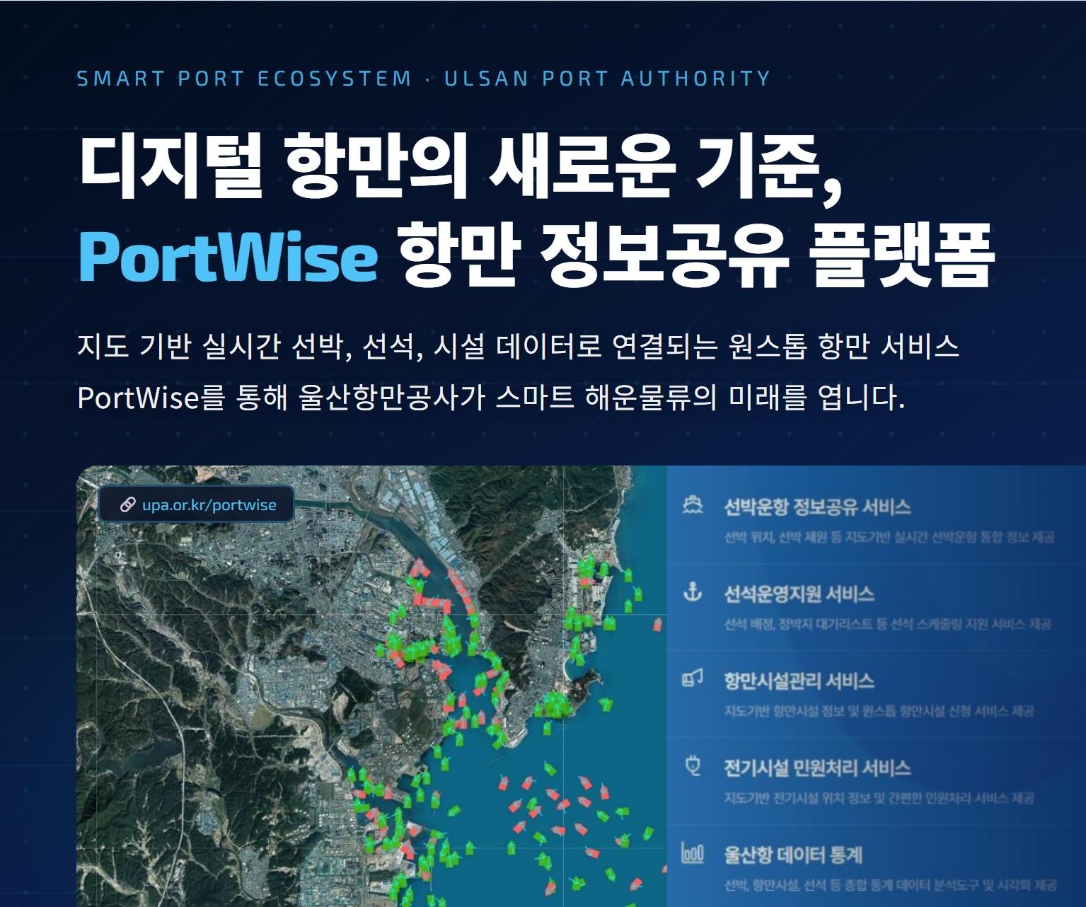 SMART PORT ECOSYSTEM. ULSAN PORT AUTHORITY 	디지털 항만의 새로운 기준, PortWise 항만 정보공유 플랫폼 	지도 기반 실시간 선박, 선석, 시설 데이터로 연결되는 원스톱 항만 서비스 	PortWise를 통해 울산항만공사가 스마트 해운물류의 미래를 엽니다.  	바로가기 링크(upa.or.kr/portwise) 	 	선박운항 정보공유 서비스: 선박 위치, 선박 제원 등 지도 기반 실시간 선박운항 통합 정보 제공 	선석운영지원 서비스: 선석 배정, 정박지 대기리스트 등 선석 스케줄링 지원 서비스 제공 	항만시설관리 서비스: 지도기반 항만시설 정보 및 원스톱 항만시설 신청 서비스 제공 	전기시설 민원처리 서비스: 지도기반 전기시설 위치 정보 및 간편한 민원처리 서비스 제공 	울산항 데이터 통계: 선박, 항만시설, 선석 등 종합 통계 데이터 분석도구 및 및 시각화 제공 	벙커링 정보 제공 서비스: 친환경 벙커링 운영절차 및 친환경 연료 정책 등 통합 정보 제공