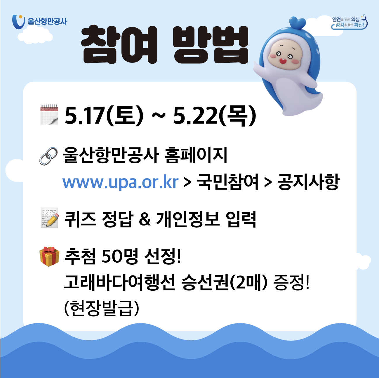 울산항만공사 | 안전을 위한 의심, 점검을 통한 확신! | 	참여방법 | 5.17(토) ~ 5.22(목) 울산항만공사 홈페이지(www.upa.or.kr) - 국민참여 - 공지사항 퀴즈정답 & 개인정보 입력 추첨 50명 선정! 고래바다여행선 승선권(2매) 증정!(현장발급)