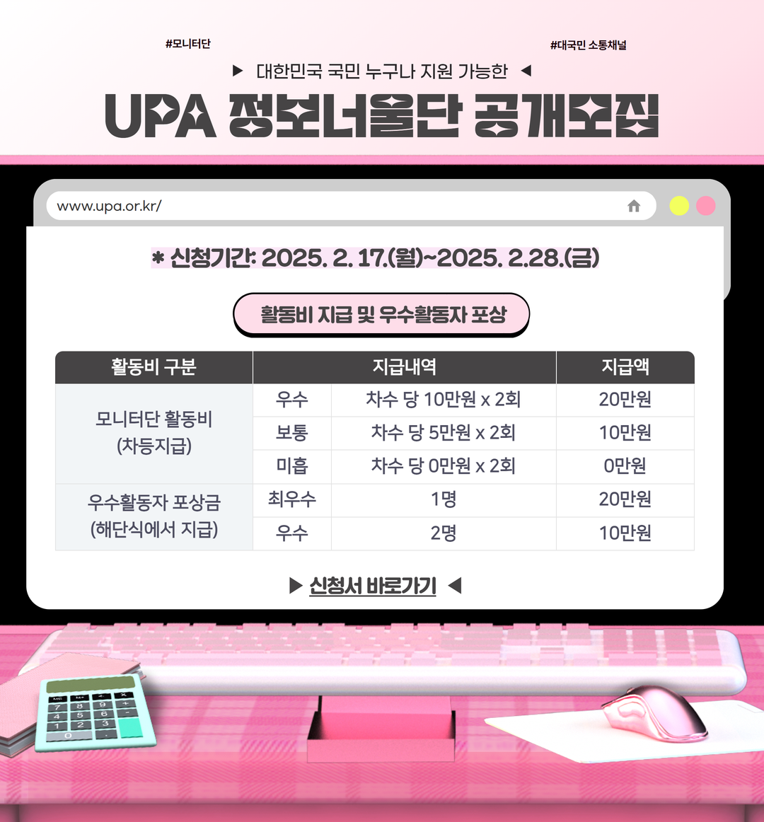 UPA 정보너울단 공개모집 신청기간 : 2025.2.17.(월) ~ 2025.2.28.(금) 활동비 지급 및 우수 활동자포상 *모니터단 활동비(차등지금) -우수 : 차수당 10만원 *2회 -지급액 : 20만원 -보통 : 차수당 5만원 *2회 -지급액 : 10만원 -미흡 : 차수당 0만원 *2회 -지급액 : 0만원  *우수활동자 포상금(해단식에서 지급) -최우수 : 1명 - 지급액 : 20만원 -우수 : 2명 - 지급액 : 10만원  신청서 바로가기