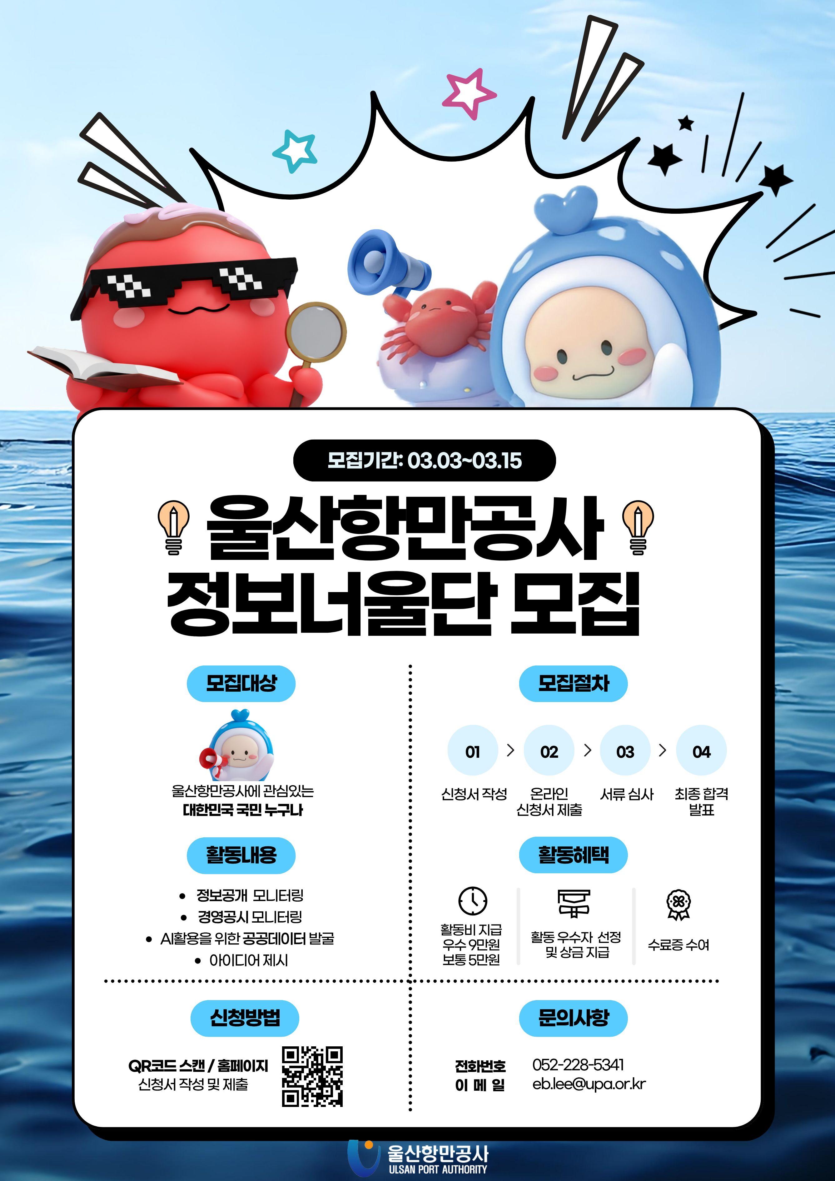 울산항만공사 정보너울단 모집 	모집기간: 03.03~03.15 	모집대상: 울산항만공사에 관심있는 대한민국 국민 누구나 	모집절차: 01(신청서 작성) → 02(온라인 신청서 제출) → 03(서류 심사) → 04(최종 합격 발표) 	활동내용: 정보공개 모니터링, 경영공시 모니터링, AI활용을 위한 공공데이터 발굴, 아이디어 제시 	활동혜택: 활동비 지급(우수 9만원/보통 5만원), 활동 우수자 선정 및 상금 지급, 수료증 수여 	신청방법: QR코드 스캔/홈페이지 신청서 작성 및 제출(QR코드 바로가기: www.upa.or.kr) 	문의사항: 전화번호 052-228-5341, 이메일 eb.lee@upa.or.kr  	울산항만공사 ULSAN PORT AUTHORITY