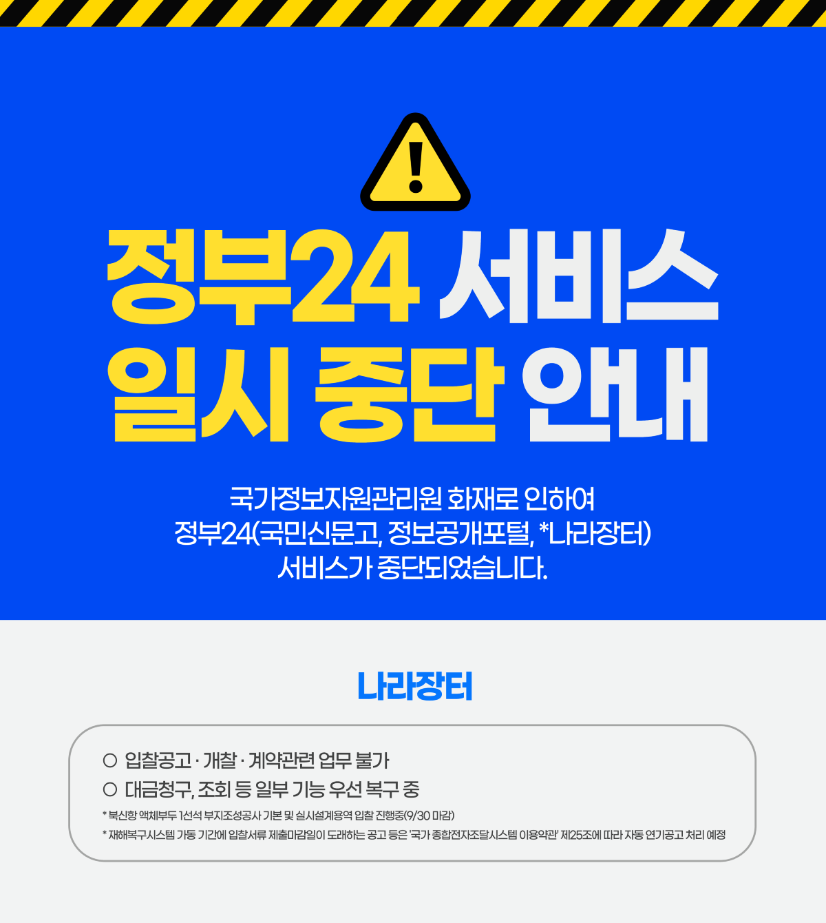 정부24 서비스 일시 중단 안내 	국가정보자원관리원 화재로 인하여 정부24(국민신문고, 정보공개포털, *나라장터) 서비스가 중단되었습니다.  	나라장터 : 입찰공고·개찰·계약관련 업무 불가, 대금청구,조회 등 일부 기능 우선 복구 중 * 북신항 액체부두 1선석 부지조성공사 기본 및 실시설계용역 입찰 진행중(9/30 마감) * 재해복구시스템 가동 기간에 입찰서류 제출마감일이 도래하는 공고 등은 '국가 종합전자조달시스템 이용약관' 제25조에 따라 자동 연기공고 처리 예정