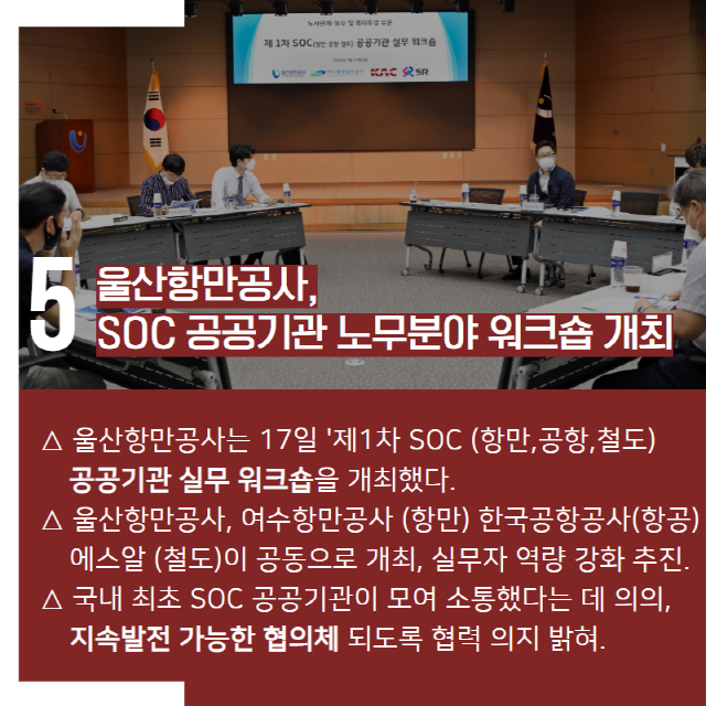 5. 울산항만공사, SOC 공공기관 노무분야 워크숍 개최/울산항만공사는 17일 '제1차 SOC(항만, 공항, 철도) 공공기관 실무 워크숍을 개최했다./울산항만공사, 여수항만공사(항만) 한국공항공사(항공) 에스알(철도)이 공동으로 개최, 실무자 역량 강화 추진/국내 최초 SOC 공공기관이 모여 소통했다는데 의의, 지속발전 가능한 협의체 되도록 협력 의지 밝혀