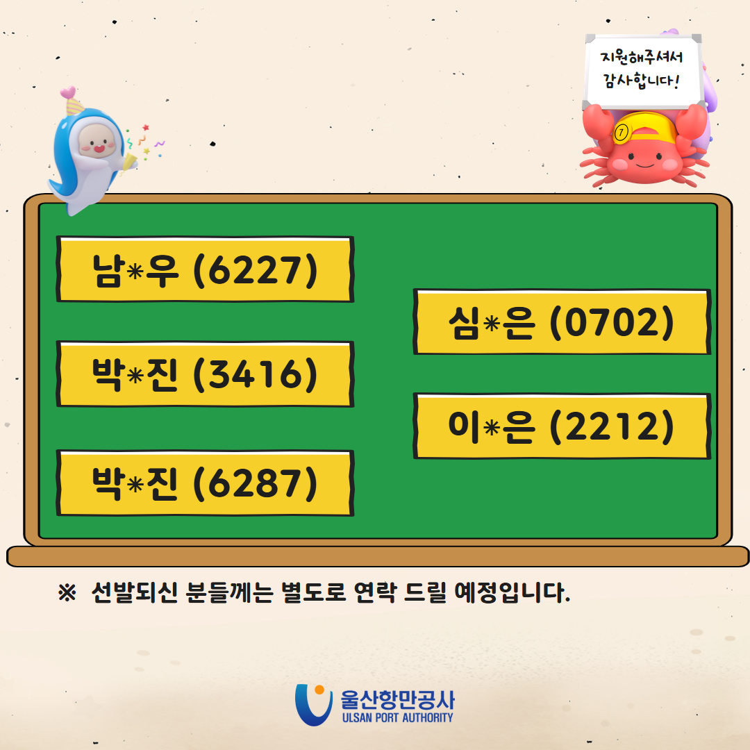 지원해주셔서 감사합니다! 	남*우(6227), 심*은(0702), 박*진(3416), 이*은(2212), 박*진(6287) 	※ 선발되신 분들께는 별도로 연락 드릴 예정입니다. 	울산항만공사 ULSAN PORT AUTHORITY