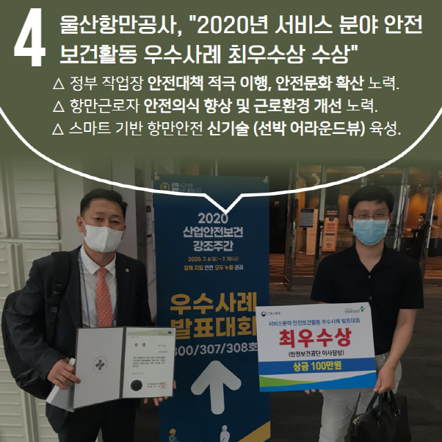 4. 울산항만공사, '2020년 서비스 분야 안전 보건활동 우수사례 최우수상 수상'/ -정부 작업장 안전대책 적극이행, 안전문화 확산노력,-항만근로자 안전의식 향상 및 근로환경 개선 노력,-스마트 기반 항만안전 신기술(선박 어라운드뷰)육성