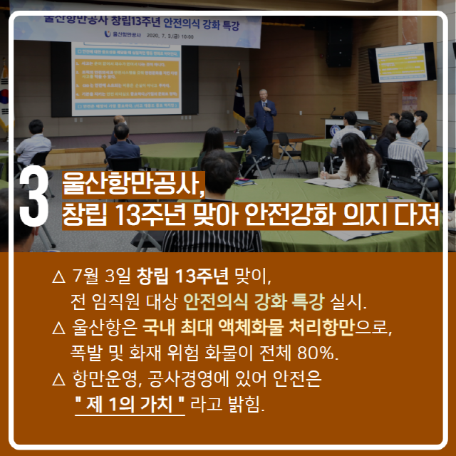 3.울산항만공사, 창립 13주년 맞아 안전강화 의지 다져/7월3일 창립 13주년 맞이, 전 임직원 대상 안전의식 강화 특강 실시./울산항은 국내 최대 액체화물 처리항만으로, 폭발 및 화재 위험 화물이 전체 80%./항만운영, 공사경영에 있어 안전은 '제1의 가치'라고 밝힘